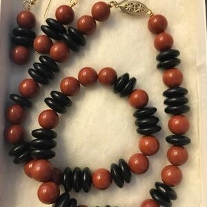 Red jasper and Black stone necklace and earrings